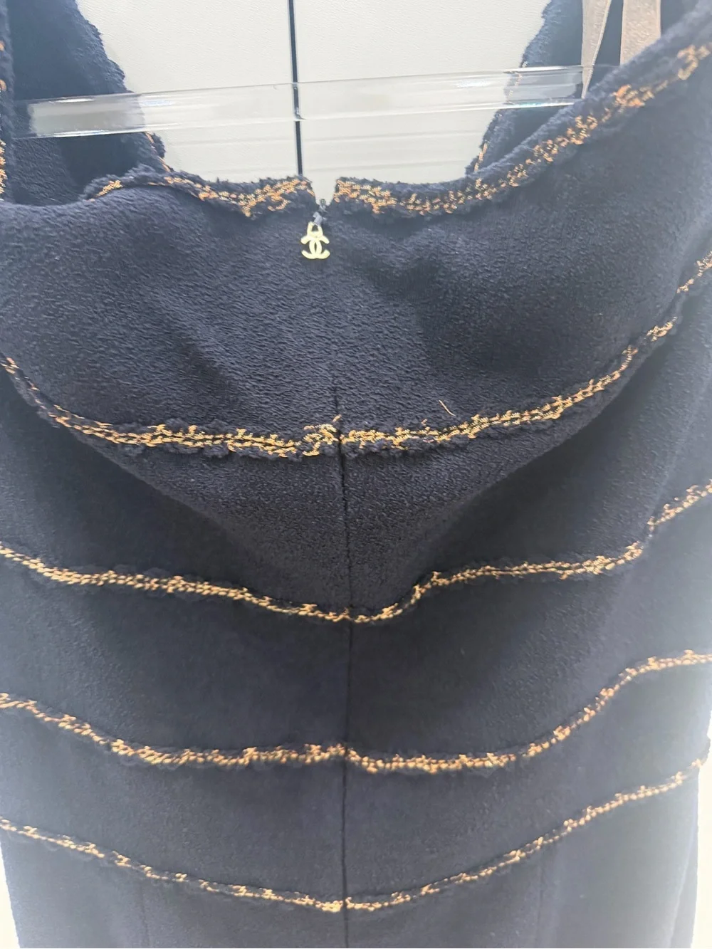 CHANEL Black Midi Dress with Gold Trim and Signature Charm